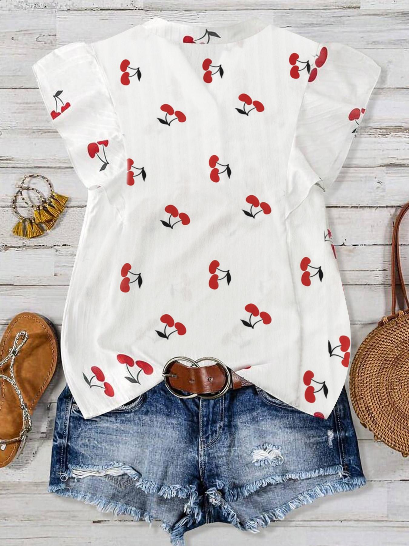【Plus Size】 Cherry Print Blouse, Casual Short Sleeve Top for Summer, Women's Plus Clothing for Daily Wear
