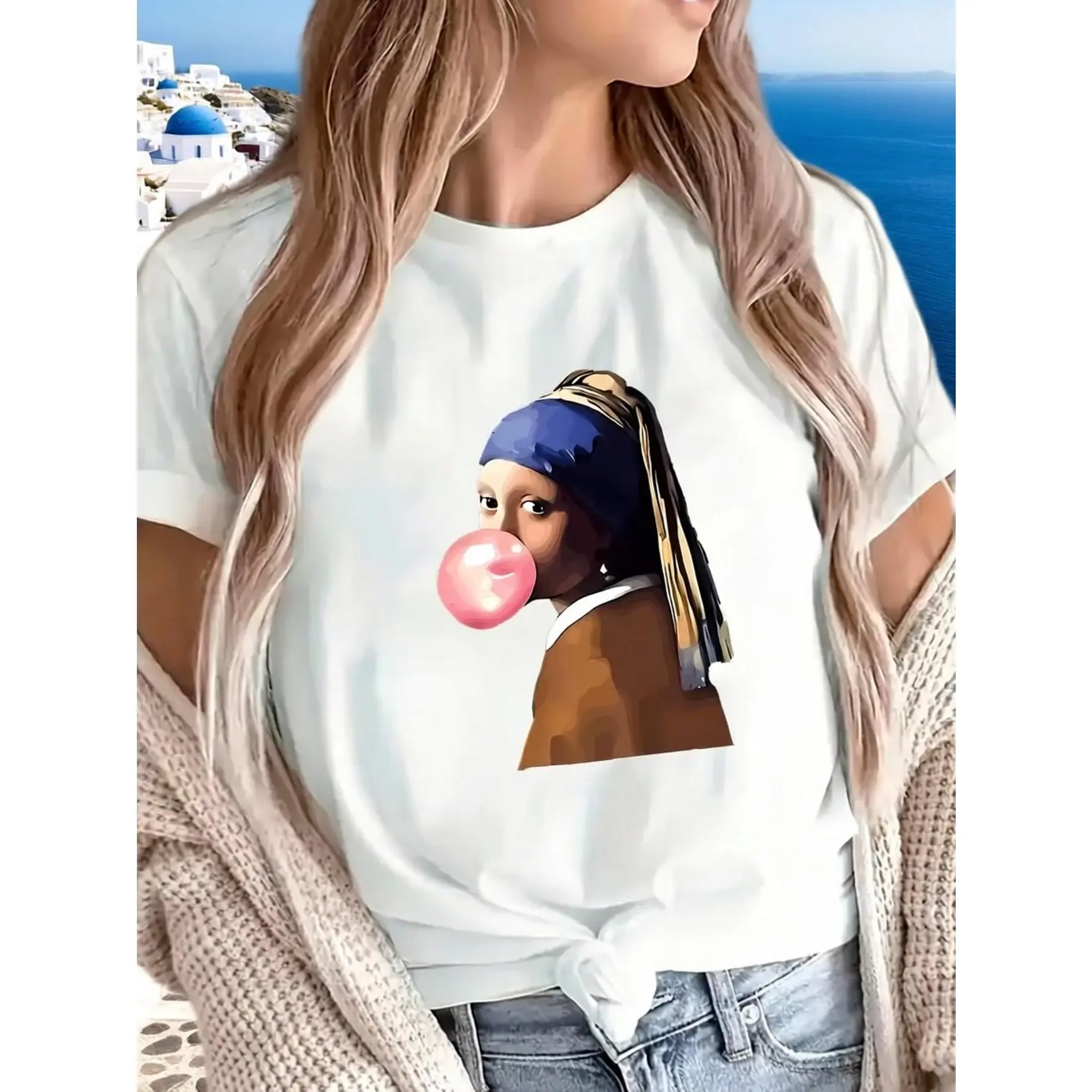 Polyester Short Sleeve T-Shirt with Blowing Bubble Gum Design, Lightweight and Durable for Casual Wear at Home or Restaurant, Comfortable Fit for Everyday Use
