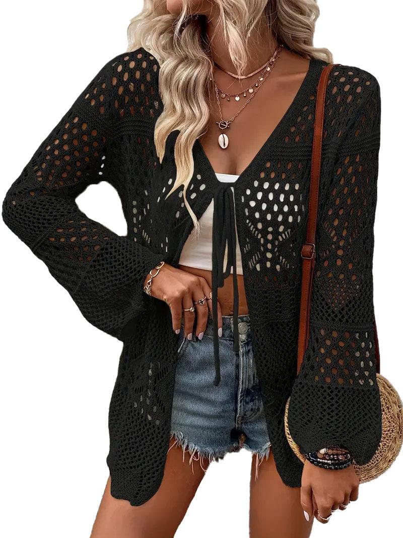Women's Solid Color Hollow Out Tie Front Crochet Cardigan, Casual Long Sleeve Knitwear for Summer, Fashion Women's Knit Clothing for Daily Wear, Knitting, Summer Cardigan Women, Beach Cover Up, Lightweight Knit Top, Boho Crochet Sweater, Vacation Outfit