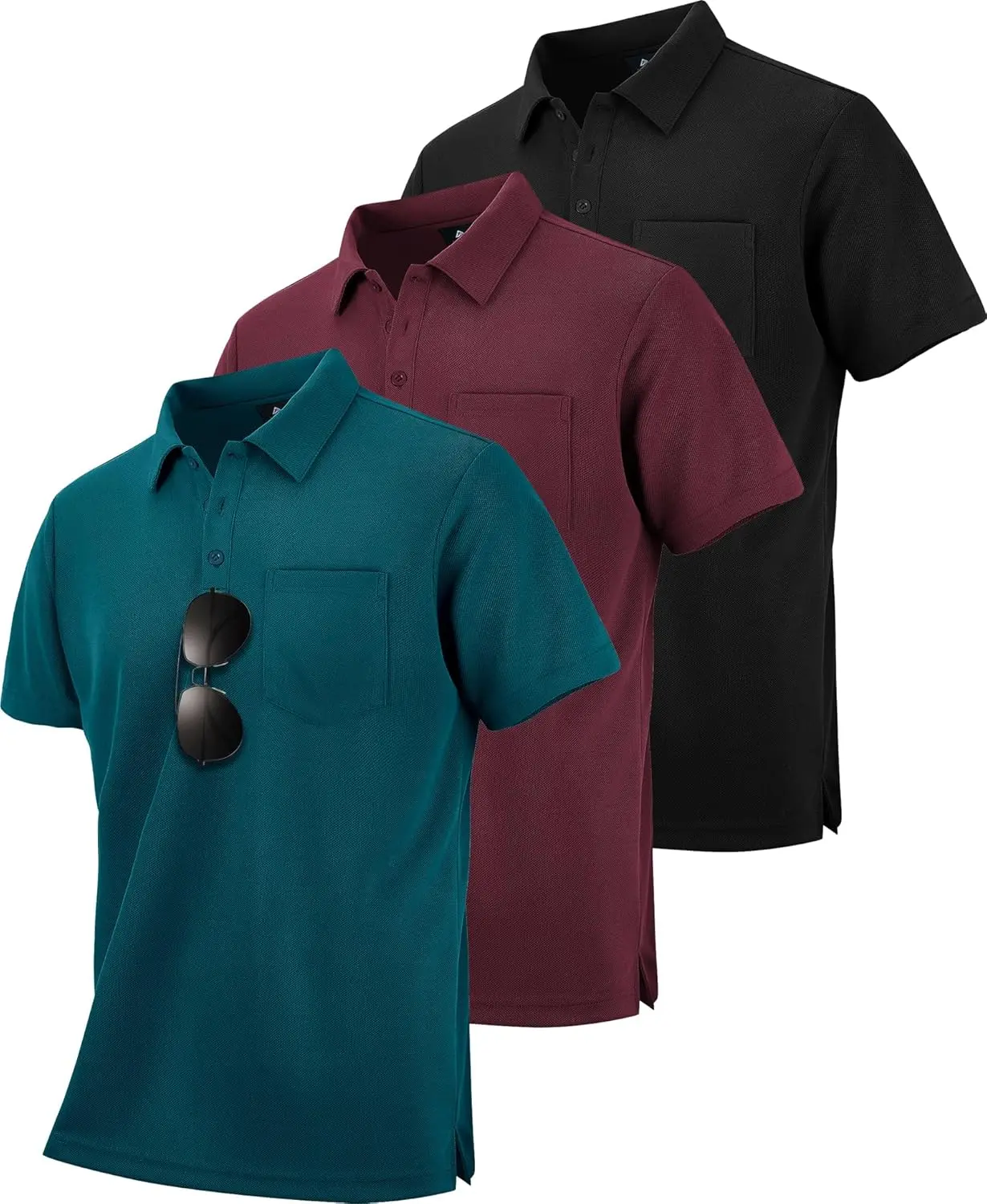 Men's 3 Pack Polo Shirts Short Sleeve with Pocket Moisture Wicking Casual Work Golf Lightweight Collared T-Shirts