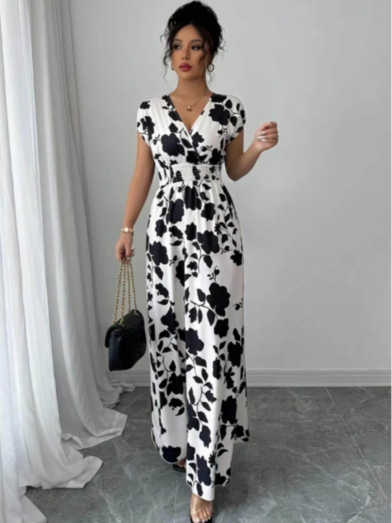 Elegant Women's Summer Dress, V Neck Fitted A-Line Batwing Sleeve, Floral Print, Leaf, Casual Fashion, Perfect for Daily Wear & Special Occasions