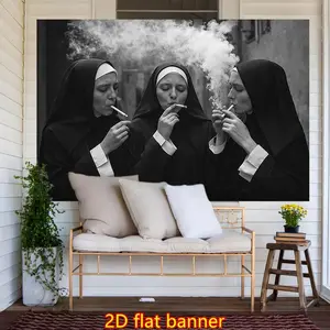 2D Flat, 1pc of Stylish 2D Flat Printed Wall Tapestry Featuring Nuns, Monochrome and Colorful Aesthetics, Suitable for Bedroom Decor, Living Room, Office, or Meditation Space. Ideal for Home Decoration, Party Planning, or Office Artwork. Non-luminous