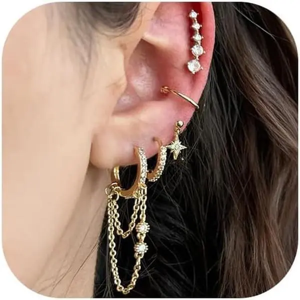 6 Pairs  Chain Earrings for Women, 14K  Plated Hoop Earrings Stack,  Earring Sets for Multiple , Ear Cuffs Stud Huggie Hoop Dangle Chain Earring Pack for Women