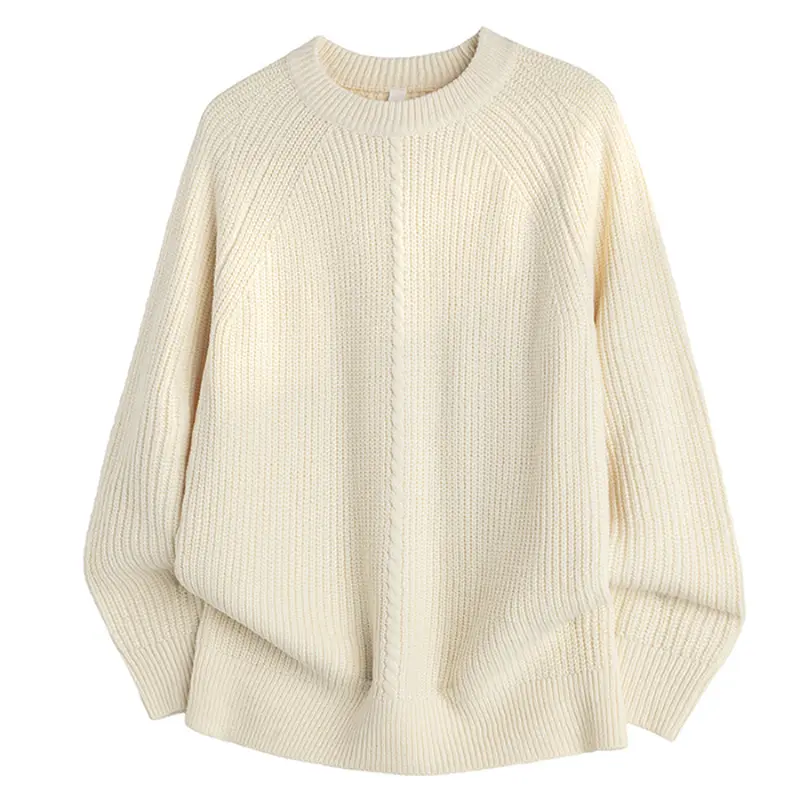 Men's Fashion Basic Cream Crew Neck Knit Sweater - Raglan Sleeves, Central Cable Stitching, Thick Soft Ribbed Fabric, Relaxed Loose Cut, Ribbed Cuffs & Hem, Elegant Everyday Casual Versatile Piece for Daily Outings, Comfortable, Knitwear, Long Sleeve