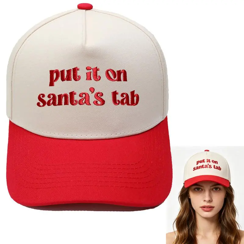 Put It On Santa's Tab Embroidered Beige Red Two Tone Baseball Cap Christmas Holiday Humor Festive Aesthetic Secret Santa Gift Hat