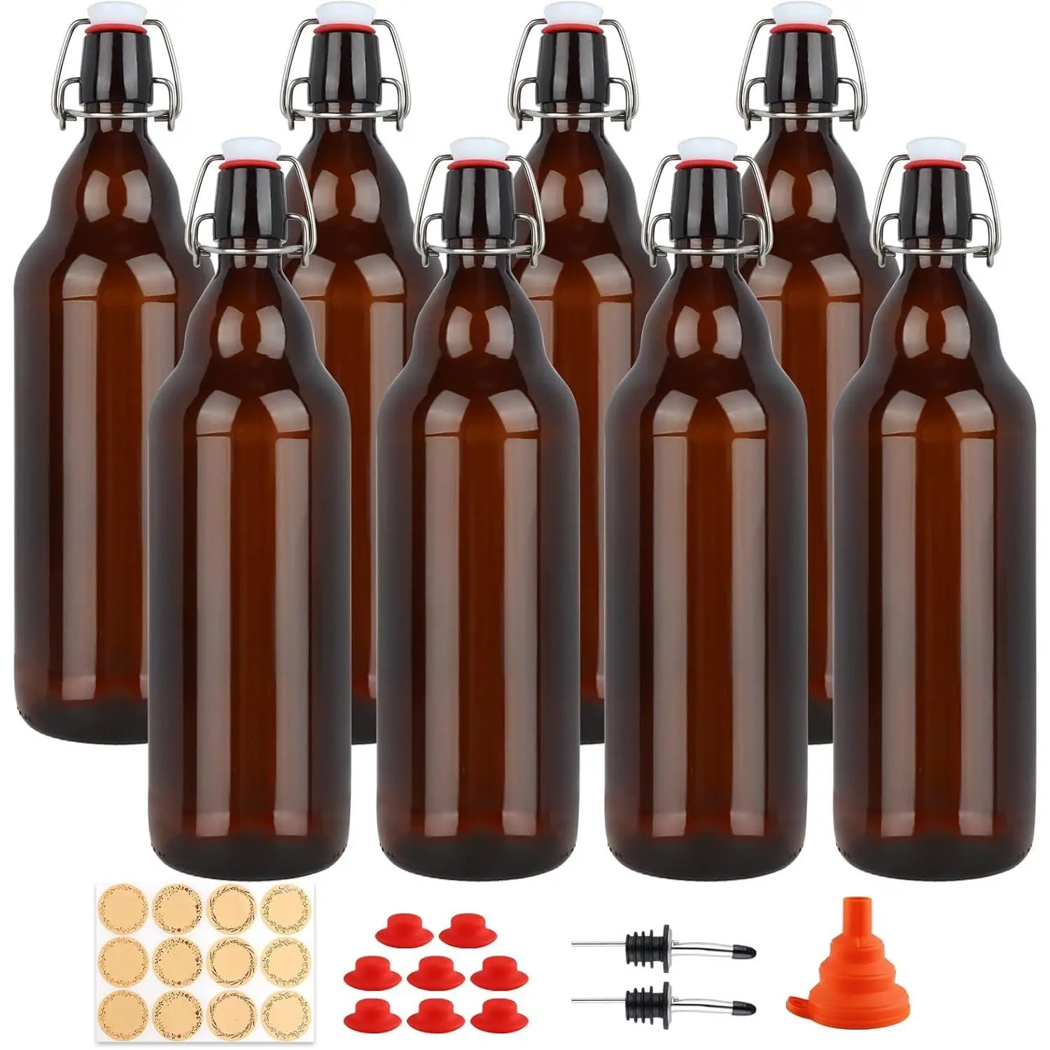 8 Pack 32oz Amber Swing Top Glass Bottles, Flip Top Brewing Bottles with Airtight Stopper for Vanilla Extract, Kombucha, Beer, Kefir, Mead