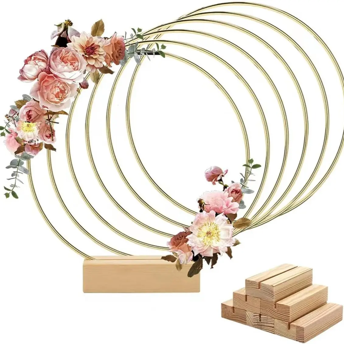 6 Pack 12 Inch Metal Floral Hoop Centerpiece, Gold Metal Rings with Wooden Stand for Table Decor, Wedding Wreath Decor, Wall Hanging and Dream Catcher Crafts