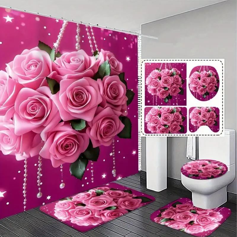 1/4PCS Elegant Pink Rose Bathroom Set – Includes Shower Curtain, Non-Slip Rugs & Toilet Lid Cover, Perfect Valentine‘s Day Gift, Exquisite & Practical Home Decoration