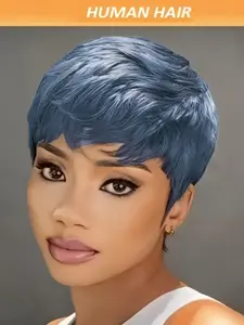 Women's Brazilian Human Hair Wig, Full Machine Made, Short Straight Layered Pixie Cut, Natural Look with Soft Waves, Glueless Ready to Wear Wig