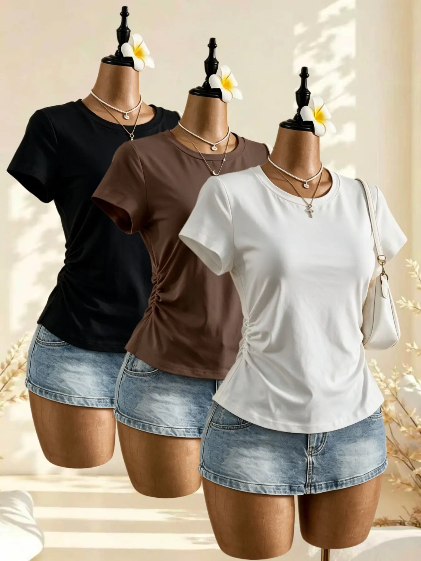 Women's Short Sleeve Casual T-Shirt, Side Pleat Slim Fit Waist Cinch Round Neck Shoulder Straight Top, Versatile Commute Three-Piece Set