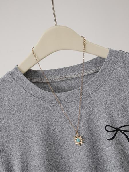 26 Valentine's Day women's casual fashion slim fit small bow print details simple solid color pleated pullover women's round neck short sleeved dress