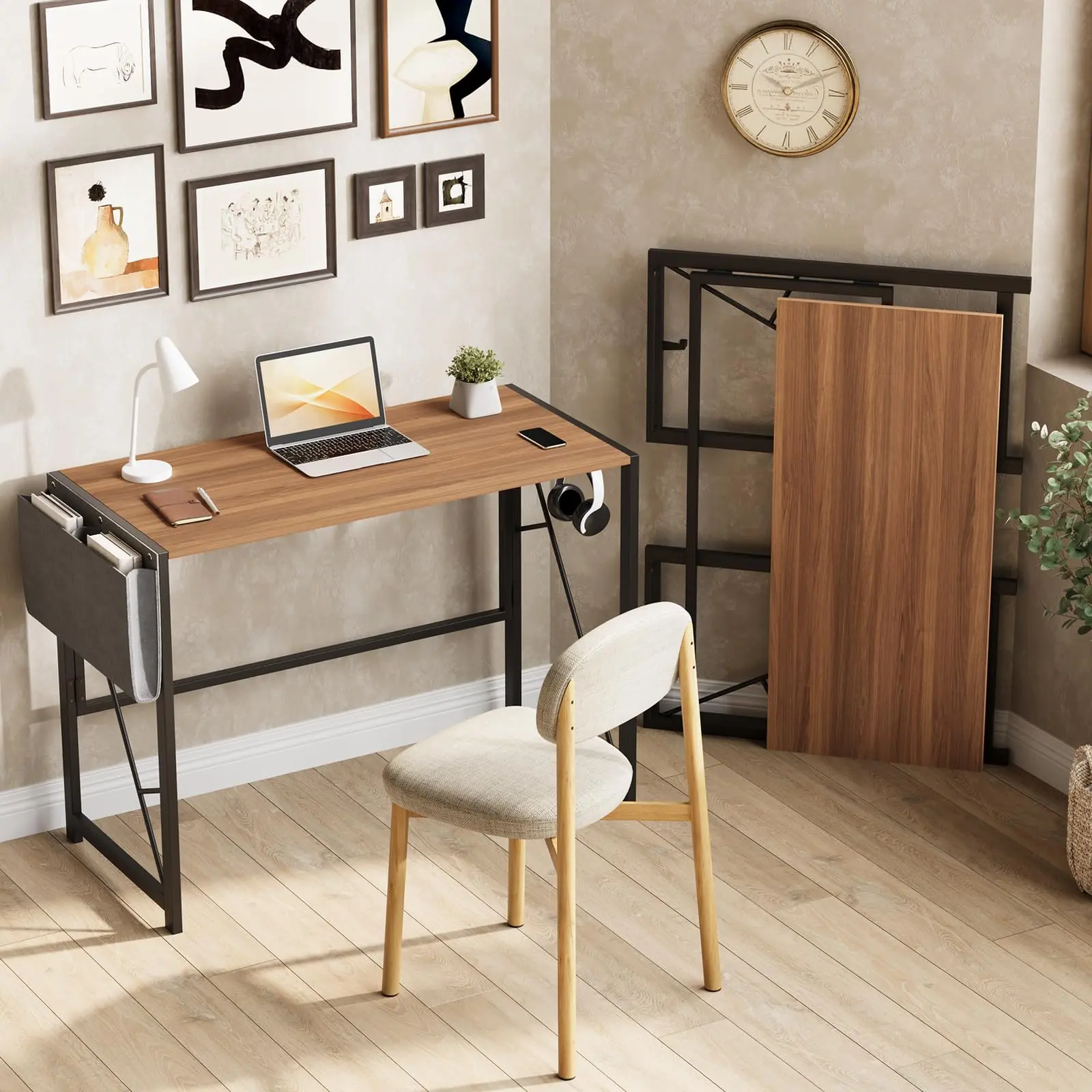 Compact Rectangular Space-Saving Folding Computer Desk - Sturdy Home Office Writing Table with Storage Bag, Side Hook, Easy Fold-Flat Workstation for Bedroom, Apartment