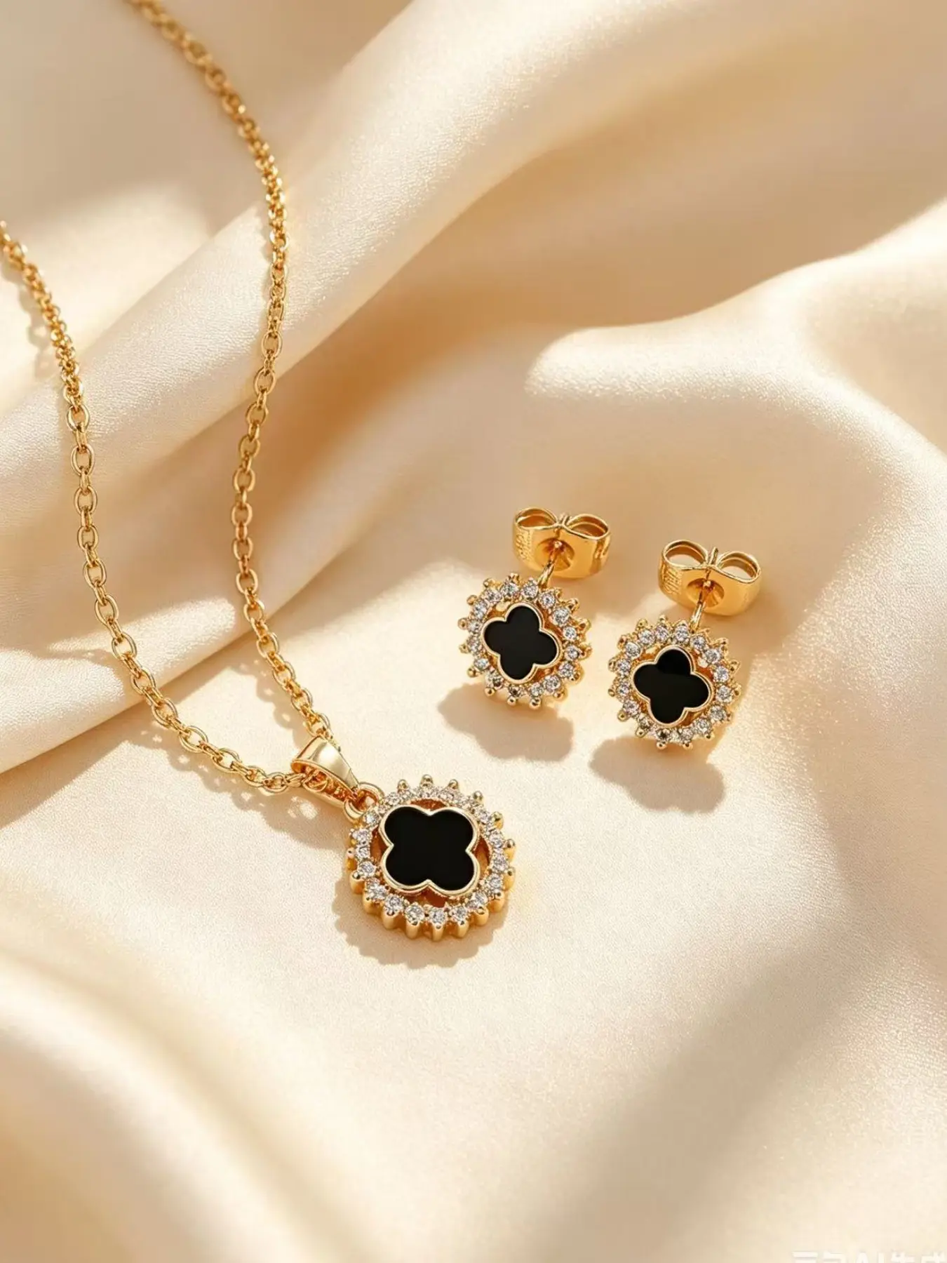 Four-Leaf Clover Necklace Set, Elegant Fashion Rhinestone Earrings, Lockbone Chain Jewelry Kit, Stylish Accessory Collection