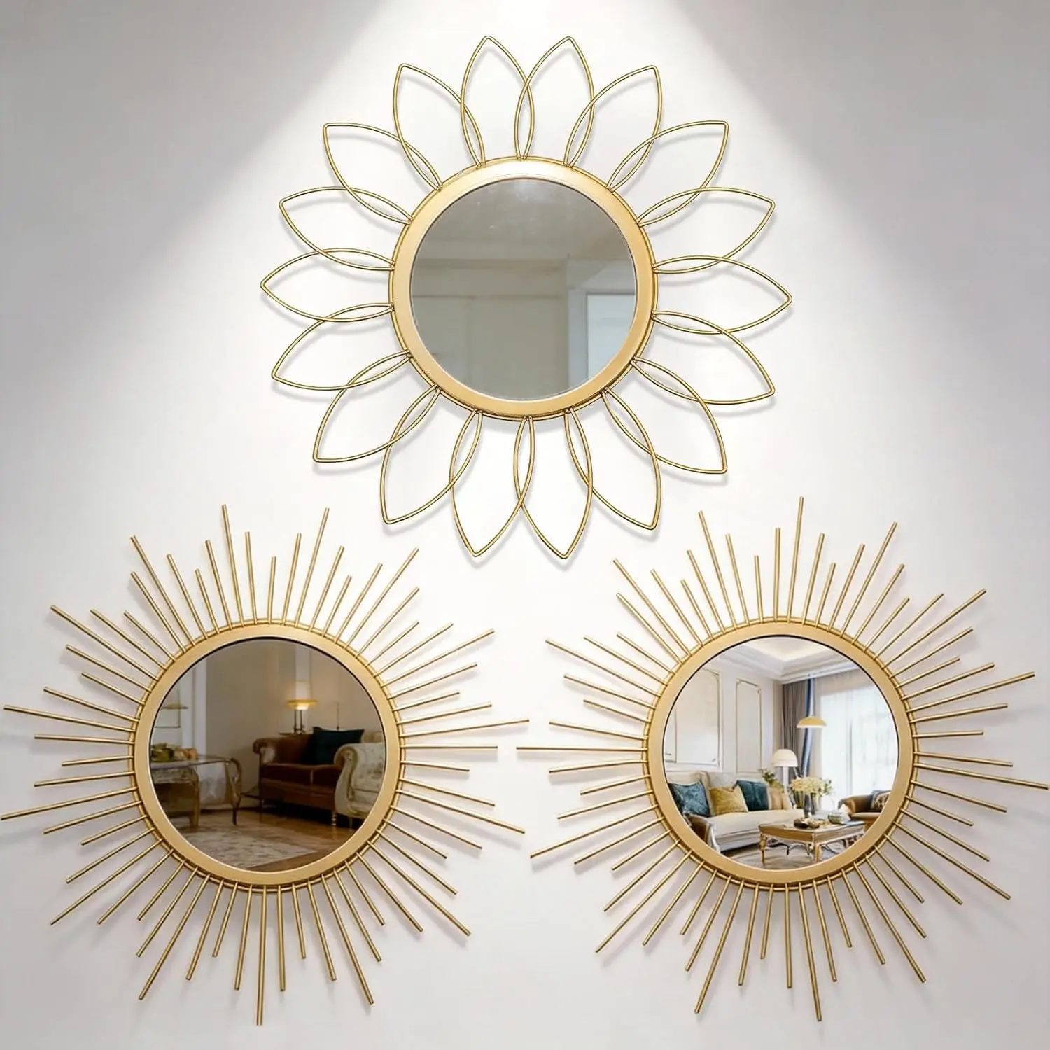 Boho Sunburst Wall Mirror Set of 3, 12 Inch Round Antique & Modern Metal Wall Art, Hanging Over The Door Mirrors for Wall Decor in Living Room, Bedroom, Bathroom, Entryway(Gold)