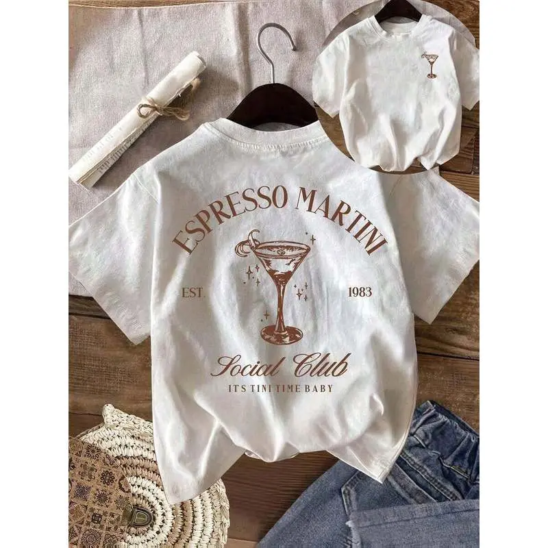 Women's Oversized Y2K Short Sleeve Graphic Tee With 'Espresso Martini Social Club' Retro Print, Front & Back Cocktail Design,
