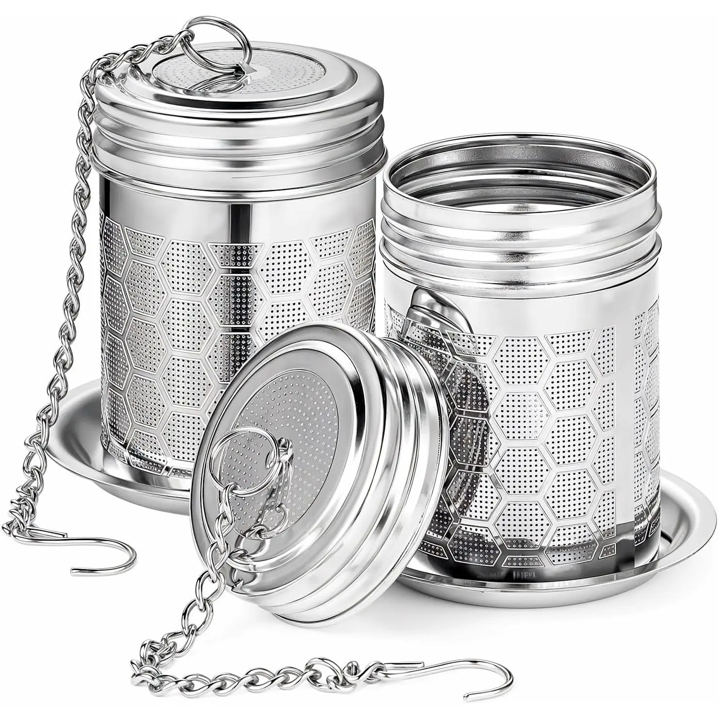 2 Pack  Strainers Infuser for Loose  304 Stainless Steel Mesh Loose Leaf Steeper Diffuser with Chain Hook and Threaded Lid for Black , Spices and Seasonings