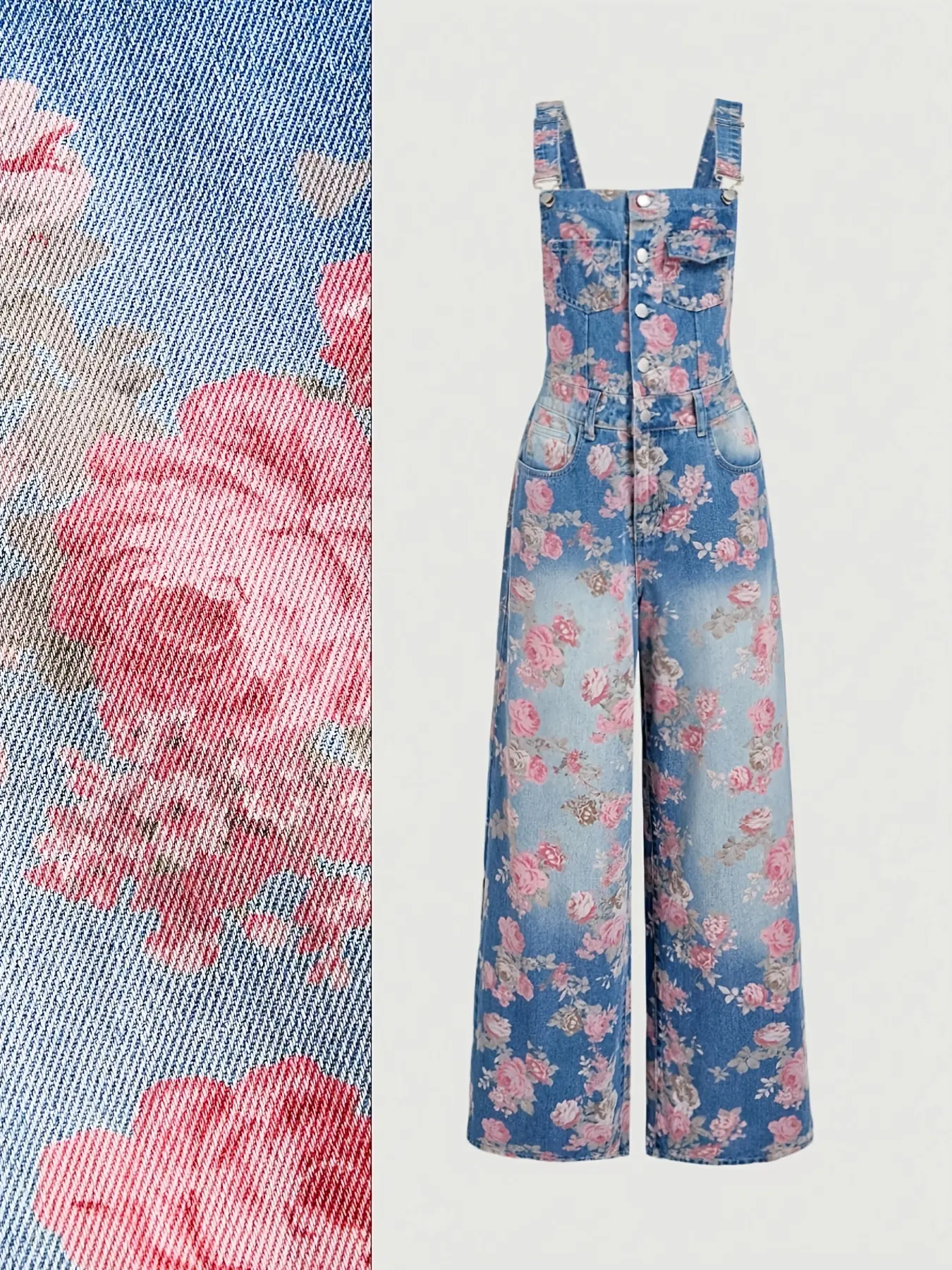 2026 Spring & Summer New Collection: Vintage Washed Gradient Blue Base with Full Print Pink Rose Floral Pattern, High-Waisted Slimming & Tall-Enhancing Fit, Loose Straight Leg Flared Style for Ageless & Versatile One-Piece Pants Overalls