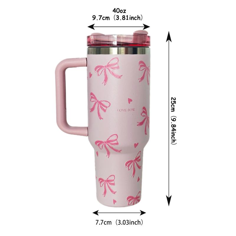 Bow Pattern Tumbler Cup, 40oz Large Capacity Stainless Steel Insulated Cup with Handle, Portable Coffee Cup for Travel, School, Office, Outdoor, Gym, Drinkware, Vacuum Insulated Tumbler