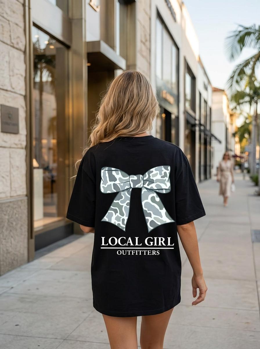 Local Girl Outfitters Camo Bow T-Shirt, Cute Oversized Southern Graphic Tee with Blue Camo Print, Trendy Country Girl For Fall, Rodeo, Or Hunting Seas Sweatshirt, Hoodie, Comfort Colors