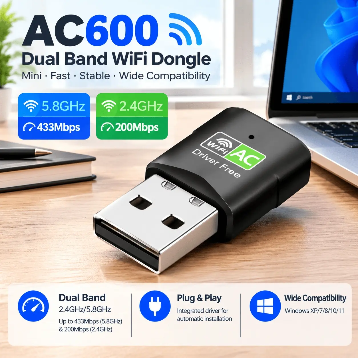 One-Piece Compact USB Wifi Adapter, Designed for Adding Wireless Network Access, 3.2 X 1.6 X 0.8cm