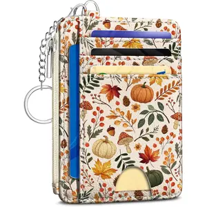 Fall Leaves Credit Card Holder Small Wallet Women, Pumpkin Slim RFID Blocking Wallets Woman Keychain with Zipper Coin Pocket, Front Pocket Thin Travel Card Case with ID Window Ladies Gifts Autumn