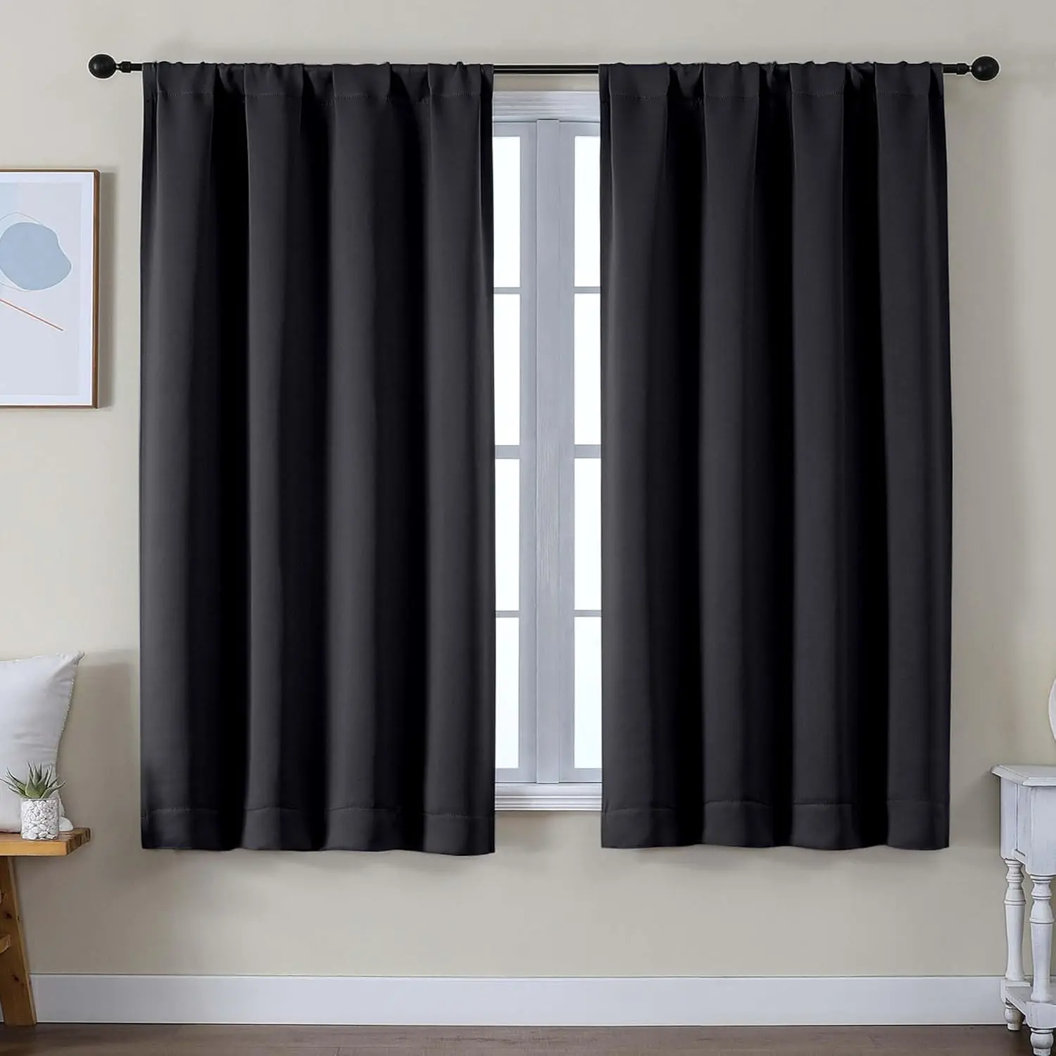 Ava Black Blackout Darkening Curtains 2-Panel Set, 50in W x 63in L Thermal Privacy Window Treatment for Bedroom & Living Room