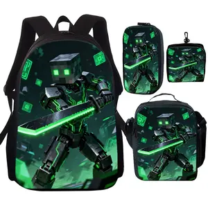 1/2/3/4pcs Cool Trendy Green Pixel Block Robot Print Backpack Set for School And Daily Outdoor Activities