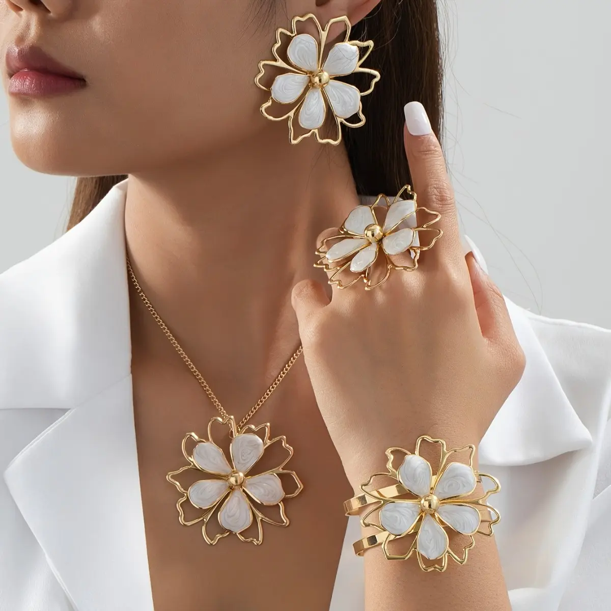 Fashion 5-piece jewelry set with necklace, bracelet, earrings & ring. Matches daily, office, wedding and party looks, a lovely gift choice for your friends.