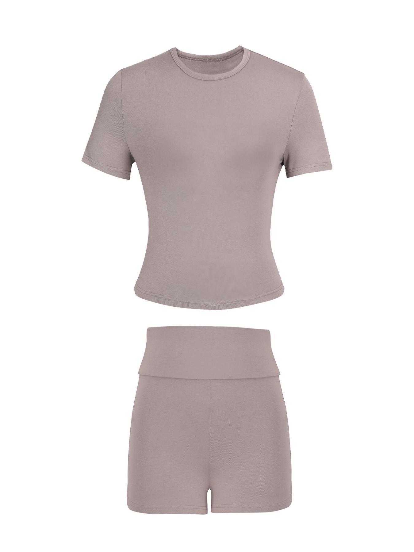 Women's Solid Color Modal Loungewear Set, Casual Comfy Round Neck Short Sleeve Top & High Waist Shorts Pj Set, Ladies Sleepwear for All Seasons, Casual Pajamas Outfit