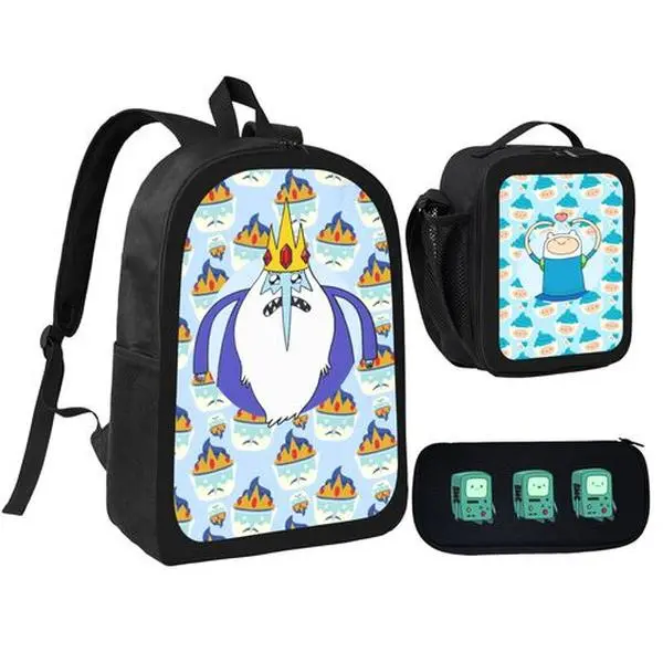 Adventure Time Ice King & Finn 3PCS Backpack Set, Cartoon‑Print School Backpack with Insulated Lunch Bag & Pencil Case for Teens