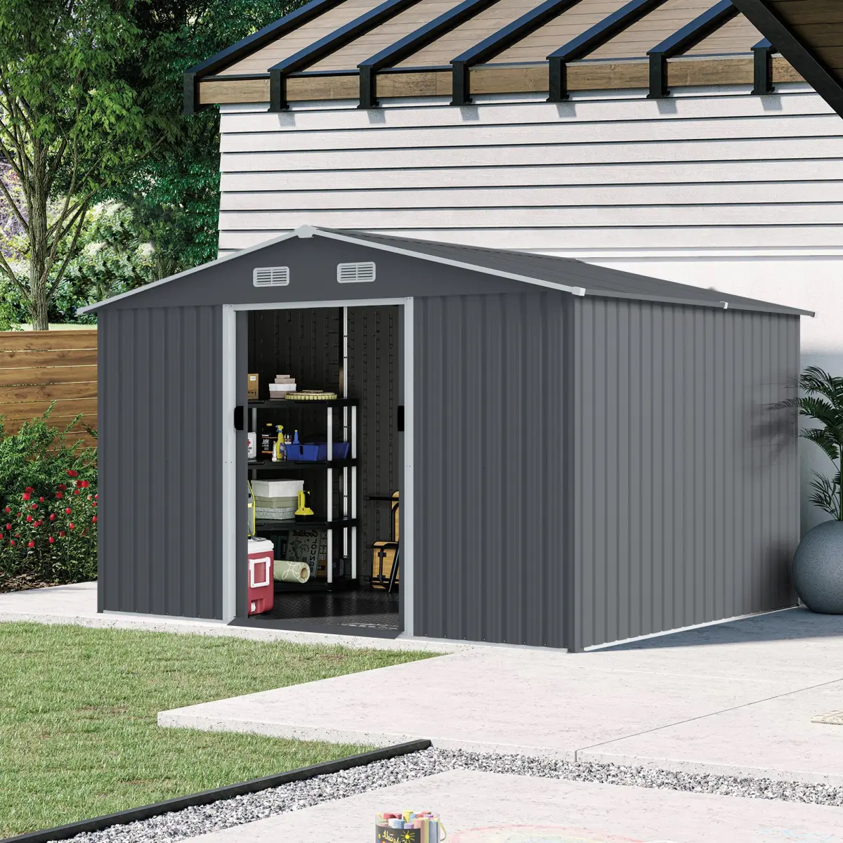 8x10 FT Heavy-Duty Steel Storage Shed - Large Rust-Resistant Metal Tool Shed with Sliding Doors, Built-in Air Vent, Sloped Roof, Outdoor Storage Combo for Bikes, Lawnmowers, Grey, Functional