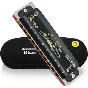 Diatonic Harmonica Key of D 10 Holes 20  008K Mouth Organ with Black Cover,  Grade Harmonica for Adults, Professionals and Students