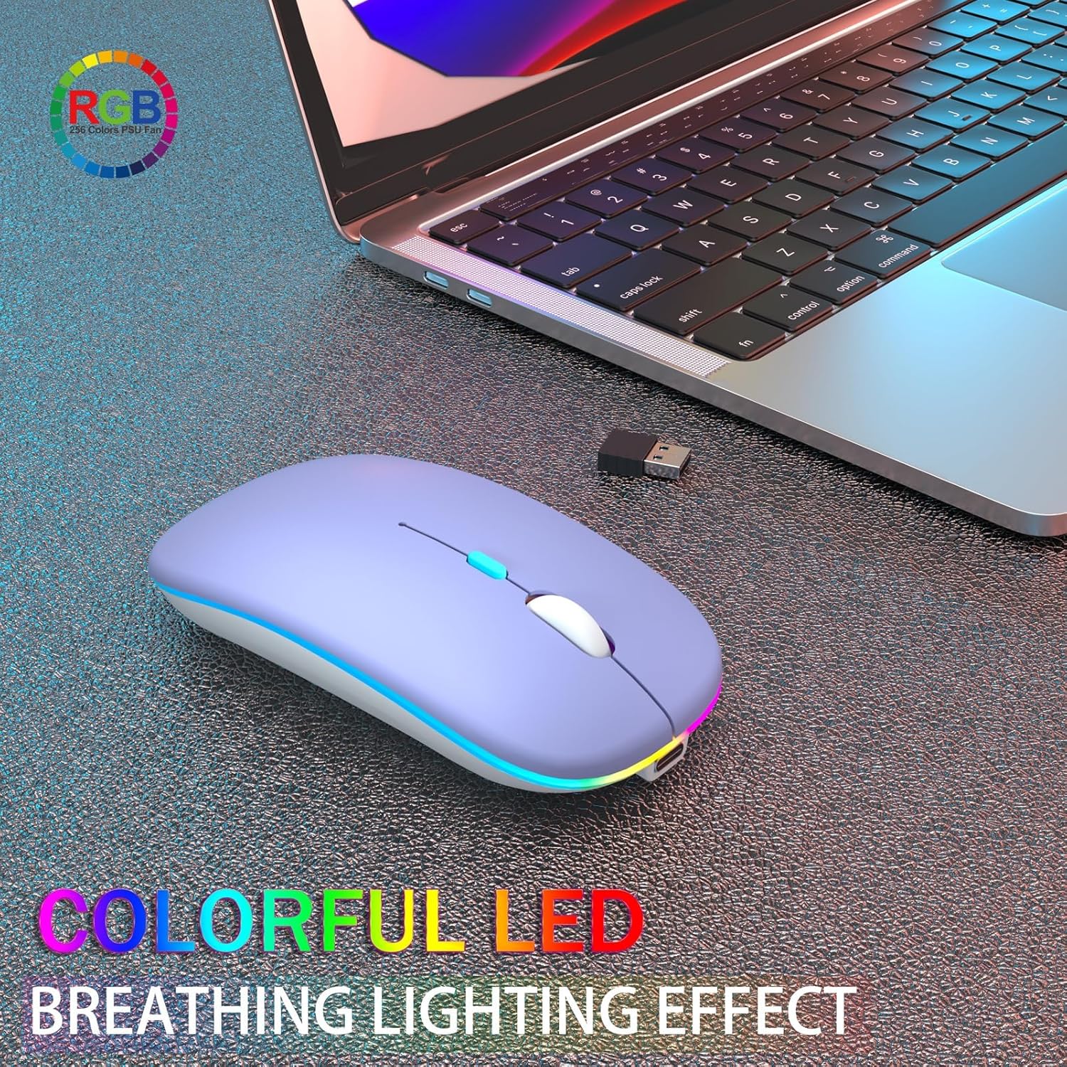 Rechargeable Laptop Mice with LED Use Portable(BT5.2 and USB 2.4G) Dual Mode Connection Silent Slim Computer  for Laptop/iPad Tablet/ MacBook/PC (Purple)