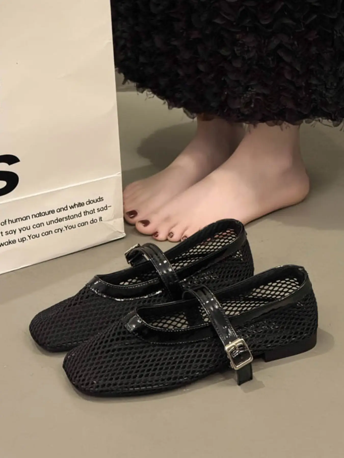 Women Large Mesh Breathable Patent Strap Foldable Mary Jane Flat Shoes Summer Hollow Ballet Flats, Adjustable Metal Buckle Soft Bendable Light Thin Sole Office Travel Daily Footwear, 2 Colors Off White Black, Casual Summer Flats
