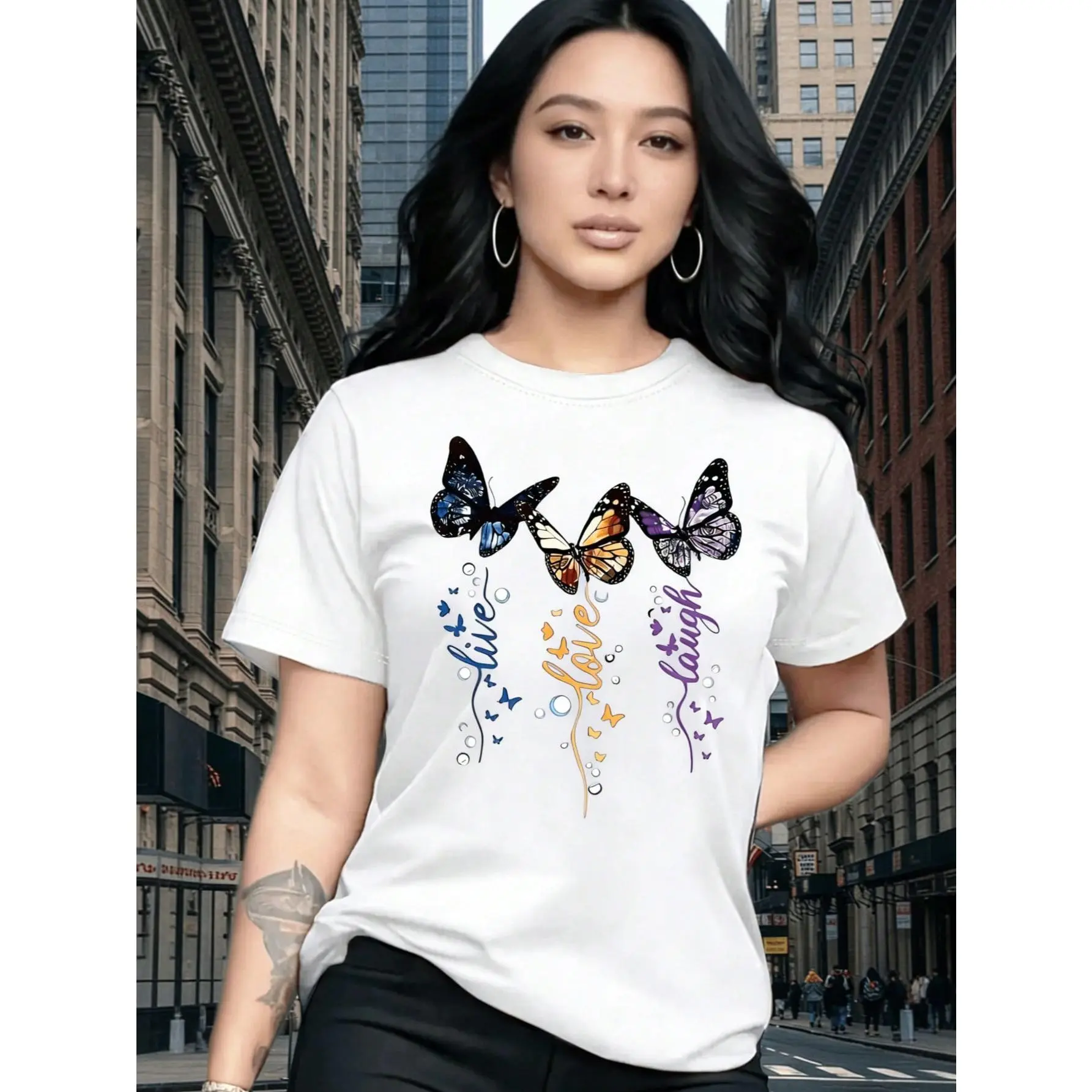 Women's Short Sleeve T-Shirt, Dreamy Colorful Butterfly Pattern Print, Vintage Elegant Exquisite Cute Sexy Sweet Style Round Neck Top, Regular Fit, Women's Gift Birthday Gift, Commuting T-Shirt Party T-Shirt, Soft And Comfortable Fabric
