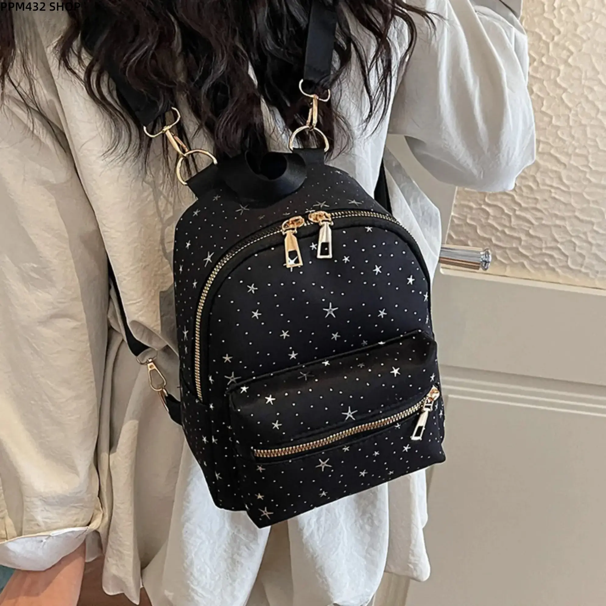 Women's Nylon Star Print Mini Backpack Lightweight Convertible Crossbody Shoulder Bag Hands Free Casual Travel Purse for Daily College Commute School Weekend Outings