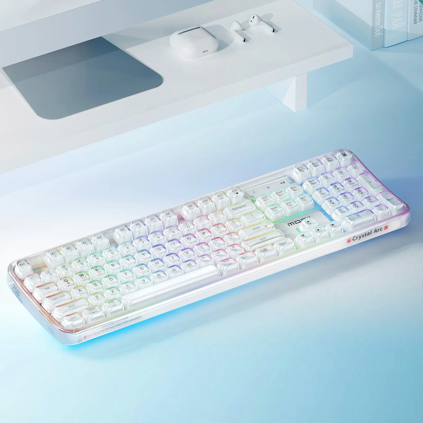 MOFii CrystalArc Tri‑Mode Wireless Membrane Keyboard, Transparent Crystal Two‑Color Injection‑Molded Keycaps, RGB Backlit Aesthetic Keyboard for Office and Gaming