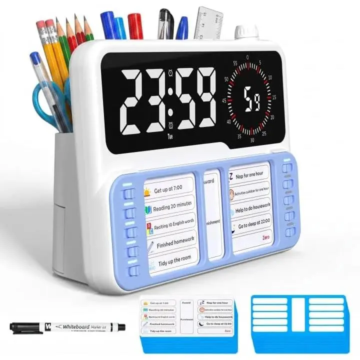 7-in-1 Rechargeable LCD Display Visual Timer with Chore Chart Board, USB-C Power, Task Planning Tools, Countdown, Date, Temperature, Storage & Daily Checklist for Home/School (Blue)