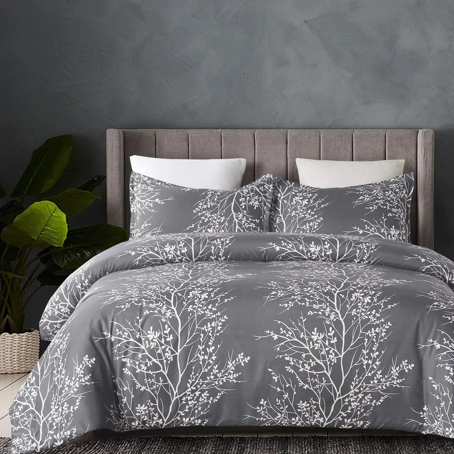 Microfiber Duvet Cover Set Queen, Dark Grey Branch| Soft, Lightweight, Zipper Closure, Machine Washable, 3 Pieces with 2 Pillow Shams