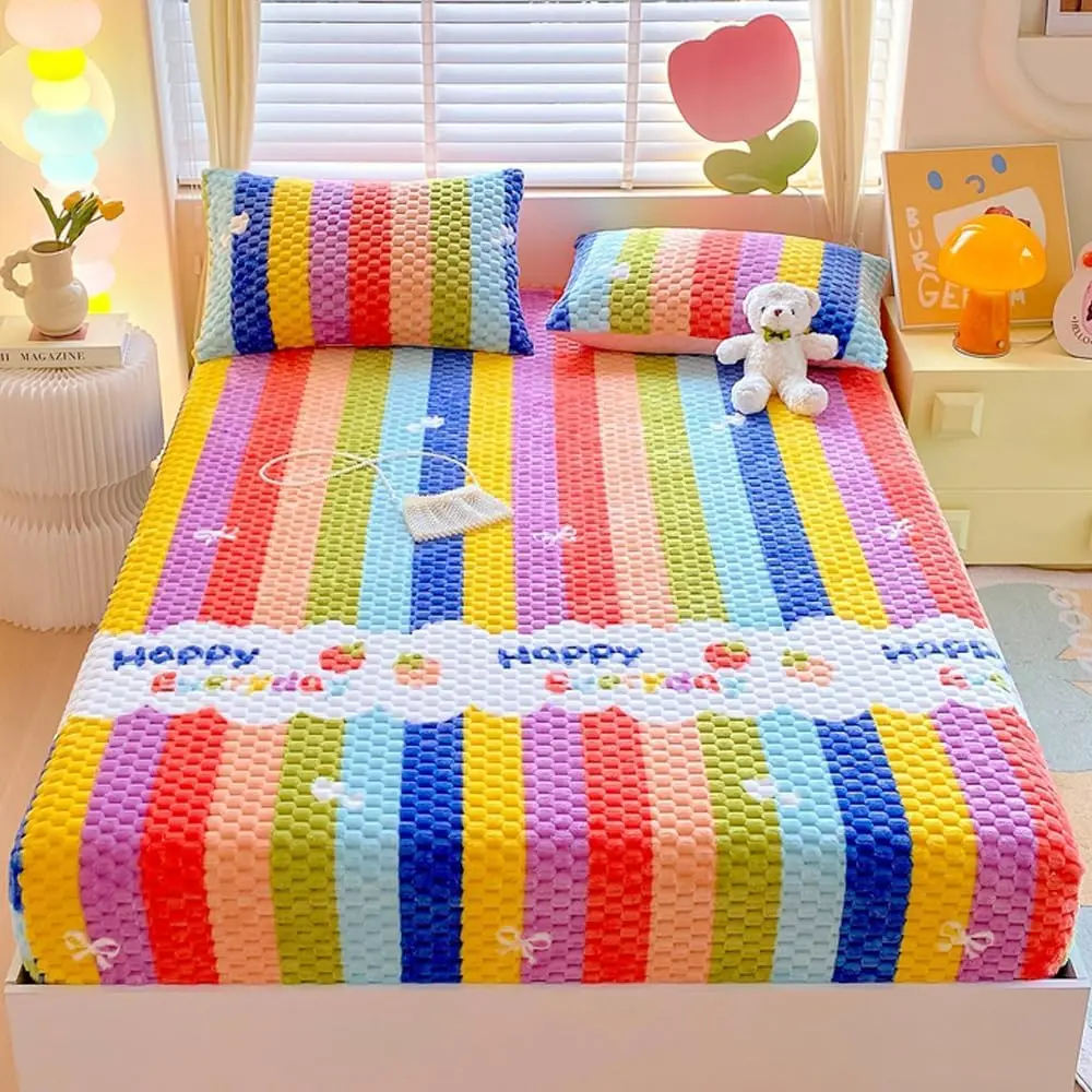 Full Size Universal Fitted Sheet - Cozy Anti-Static Warm Fleece Bottom Sheet, 15'' Deep Pocket Velvet Plush Bedding for Winter, Rainbow, Universal Fitted Sheets