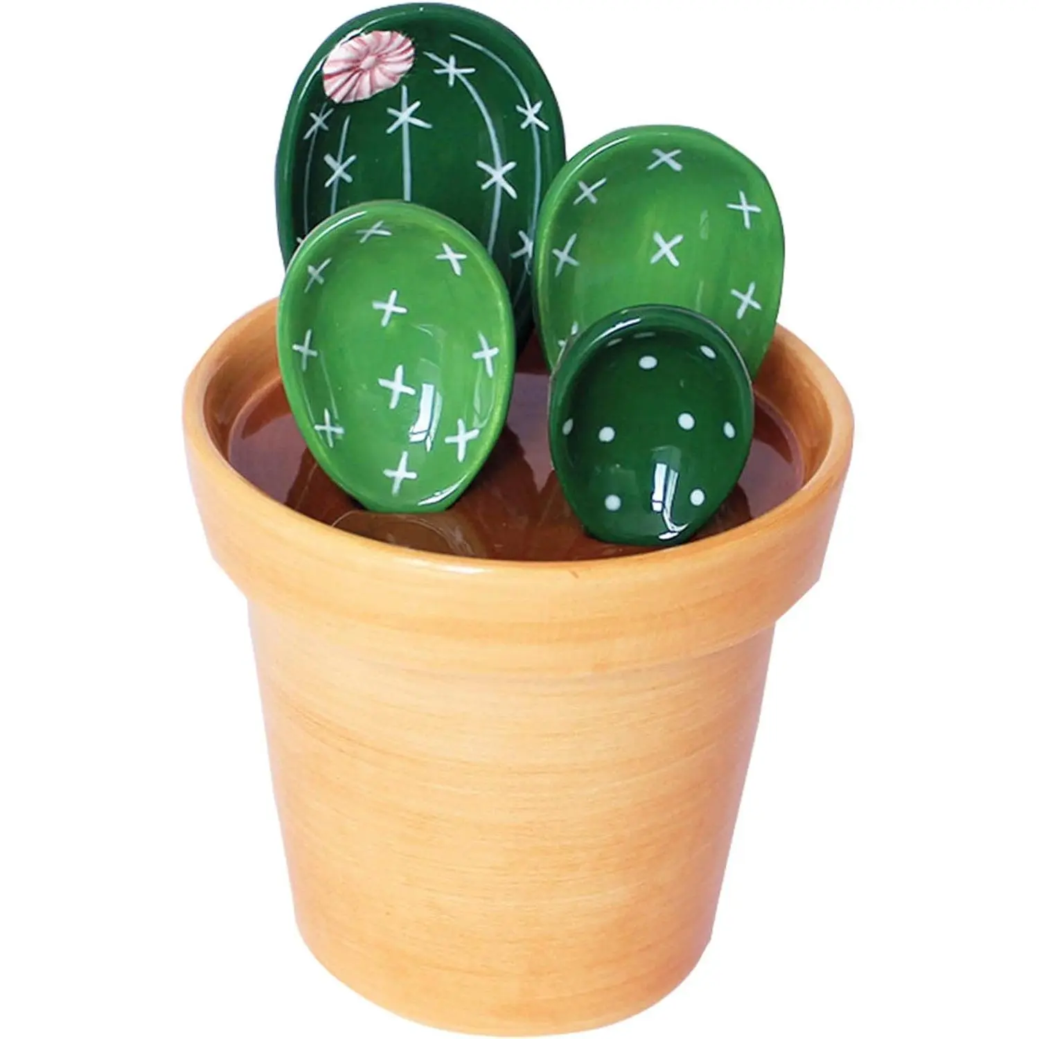Cactus Measuring Spoons Set in Pot Ceramic Cute Small Cacti Measuring Spoons and Cups Green for Baking,Salt, Sugar Housewarming Gifts (Green)