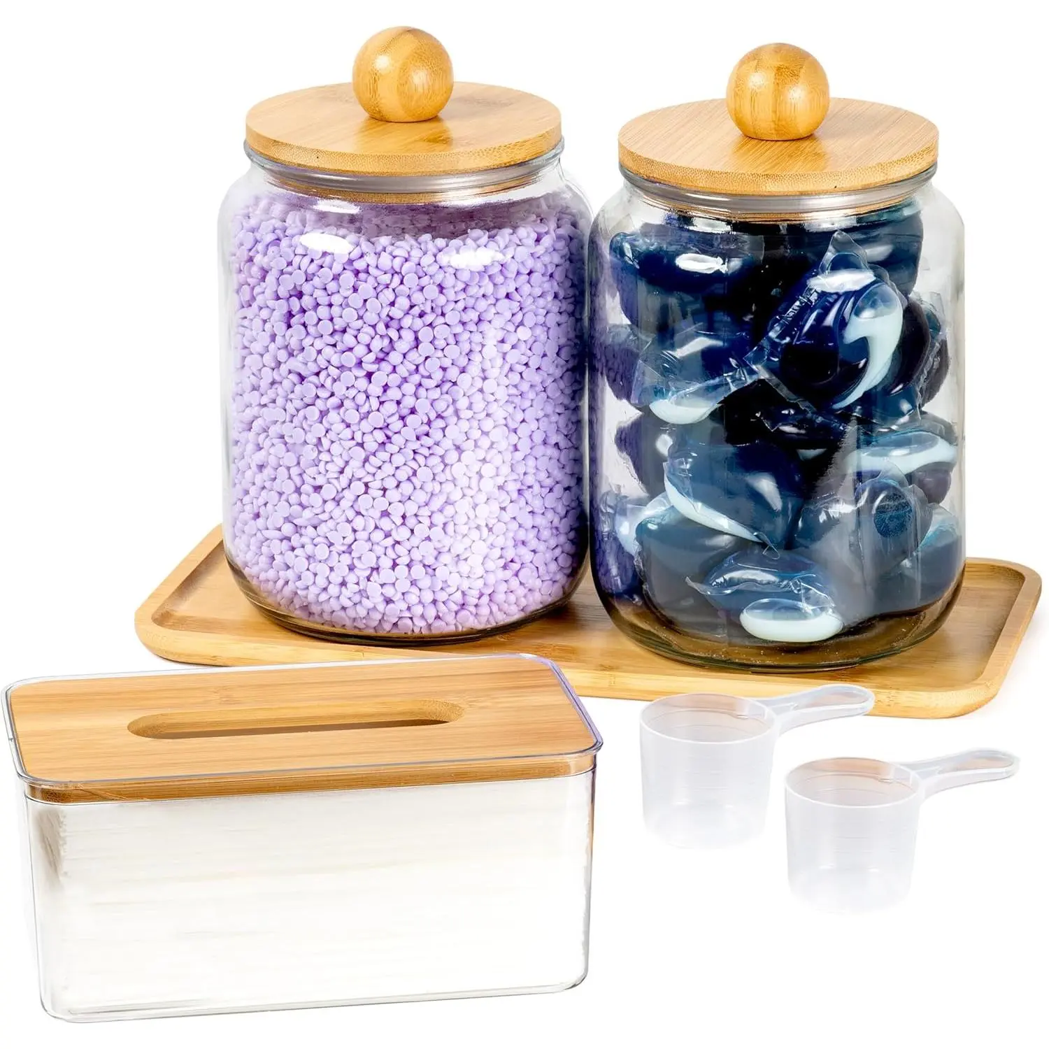 Glass Laundry Jars with Airtight Lids - Kitchen & Laundry Room Organization Containers with Dryer Sheet Holder,Bamboo Tray - Laundry Detergent Powder Half Gallon Storage Canisters with Labels