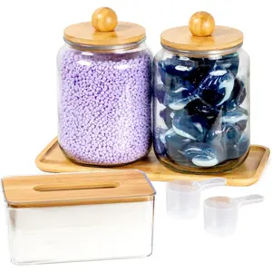 Glass Laundry Jars with Airtight Lids - Kitchen & Laundry Room Organization Containers with Dryer Sheet Holder,Bamboo Tray - Laundry Detergent Powder Half Gallon Storage Canisters with Labels
