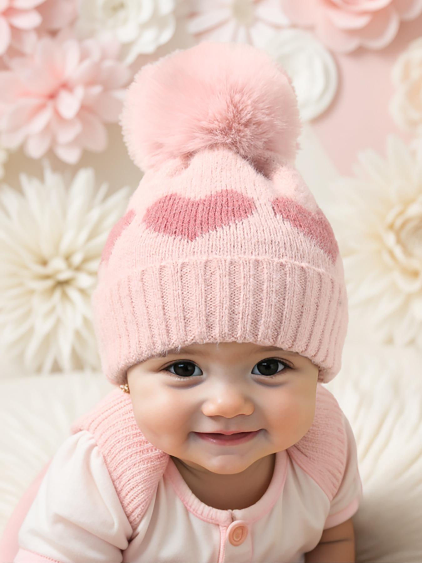 Newborn Knit Hat for Babies 1-3 Years Old, Heart Design Fuzzy Ball Beanie, Warm Winter Outdoor Cap, Casual Daily Commute Wear, Winter Skull Cap