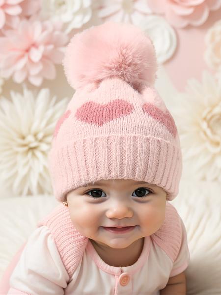 Newborn Knit Hat for Babies 1-3 Years Old, Heart Design Fuzzy Ball Beanie, Warm Winter Outdoor Cap, Casual Daily Commute Wear, Winter Skull Cap