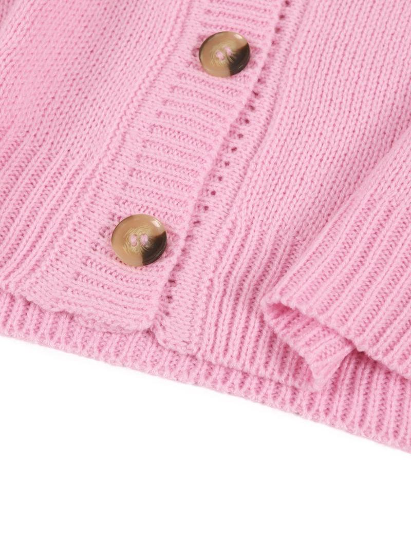 Women's Solid Button Front Drop Shoulder V Neck Cardigan & Elastic Waist Wide Leg Pants Two-piece Set, Matching Clothing Set, Casual Fashion Cozy Minimalist Knitwear Set for Daily Outdoor Wear, Women's Knitwear for Fall & Winter