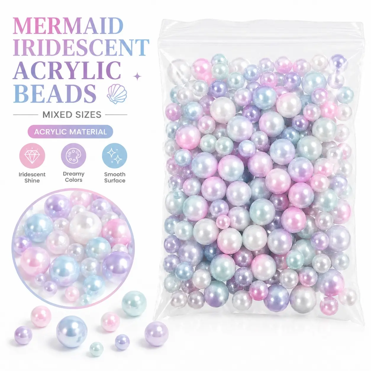 30g Mixed Size Mermaid Rainbow Acrylic Beads, DIY Jewelry Making, Ideal for Necklaces, Bracelets, Earrings, and Decorations, Multicolor