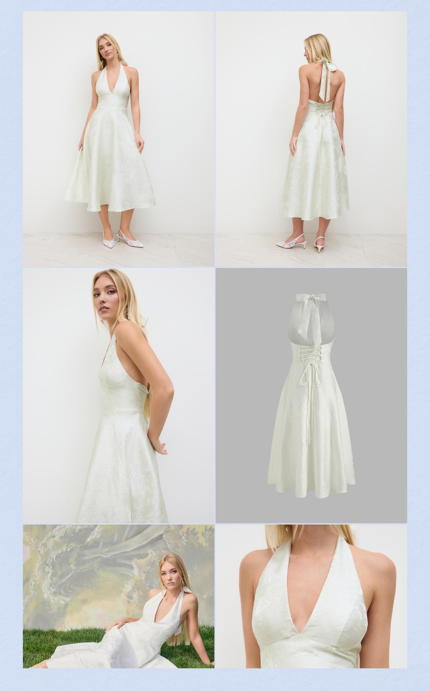 Cider Halter Maxi Dress with Lace Up Back – Floral Jacquard Long Dress for Women， Adjustable Neckline， Petite-Friendly Length for Spring Wedding & Vacation