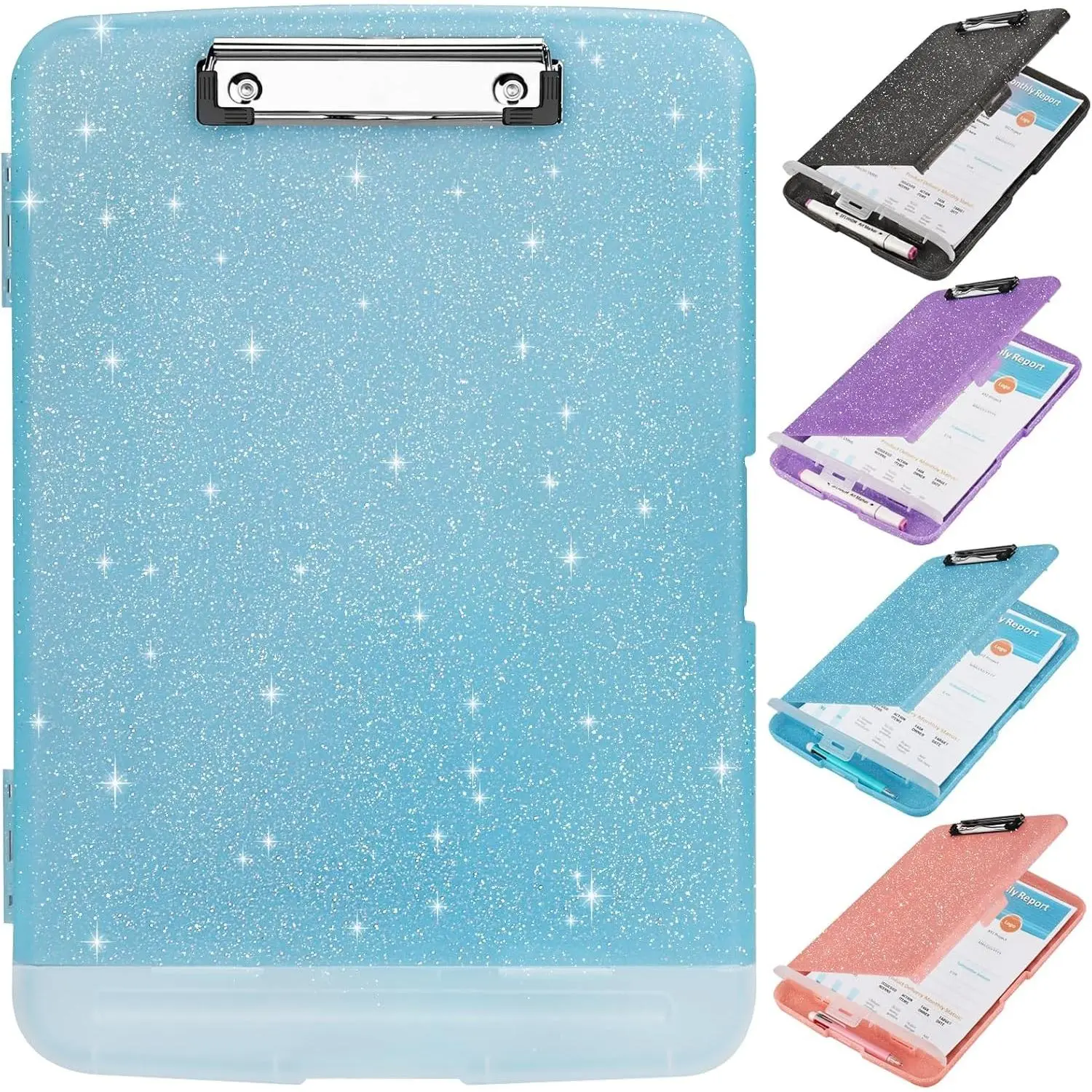 Glitter Clipboard with Storage and Pen Holder, A4 8.5x11 Side Opening Sparkle Clipboard with Low Profile Clip, Storage Clipboard Folder for Office Supplies - Aqua Blue