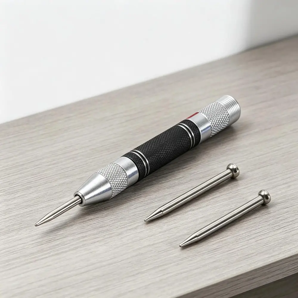 1 PCS Automatic Center Punch with 2 Extra Bits 5 Inch Heavy Duty Steel Spring Punch Tool, Adjustable Tension, Rustproof, Polished, Round Head, Suitable for Metal, Glass
